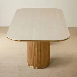 San Pierre Light Brown Ash Veneer Two-Leg Rectangular Dining Table with Travertine Finish Sintered Stone Top - 270x120cm