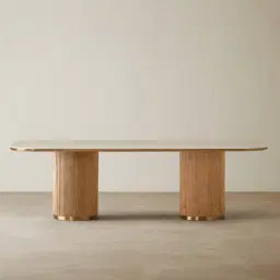 San Pierre Light Brown Ash Veneer Two-Leg Rectangular Dining Table with Travertine Finish Sintered Stone Top - 270x120cm