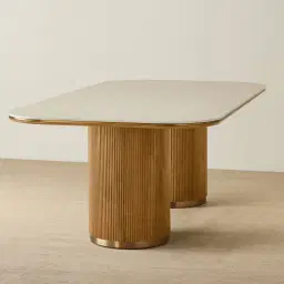 San Pierre Light Brown Ash Veneer Two-Leg Rectangular Dining Table with Travertine Finish Sintered Stone Top - 270x120cm