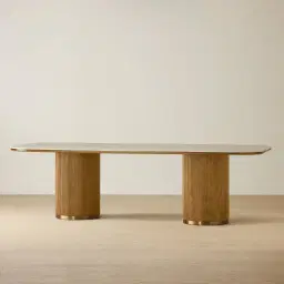 San Pierre Light Brown Ash Veneer Two-Leg Rectangular Dining Table with Travertine Finish Sintered Stone Top - 270x120cm