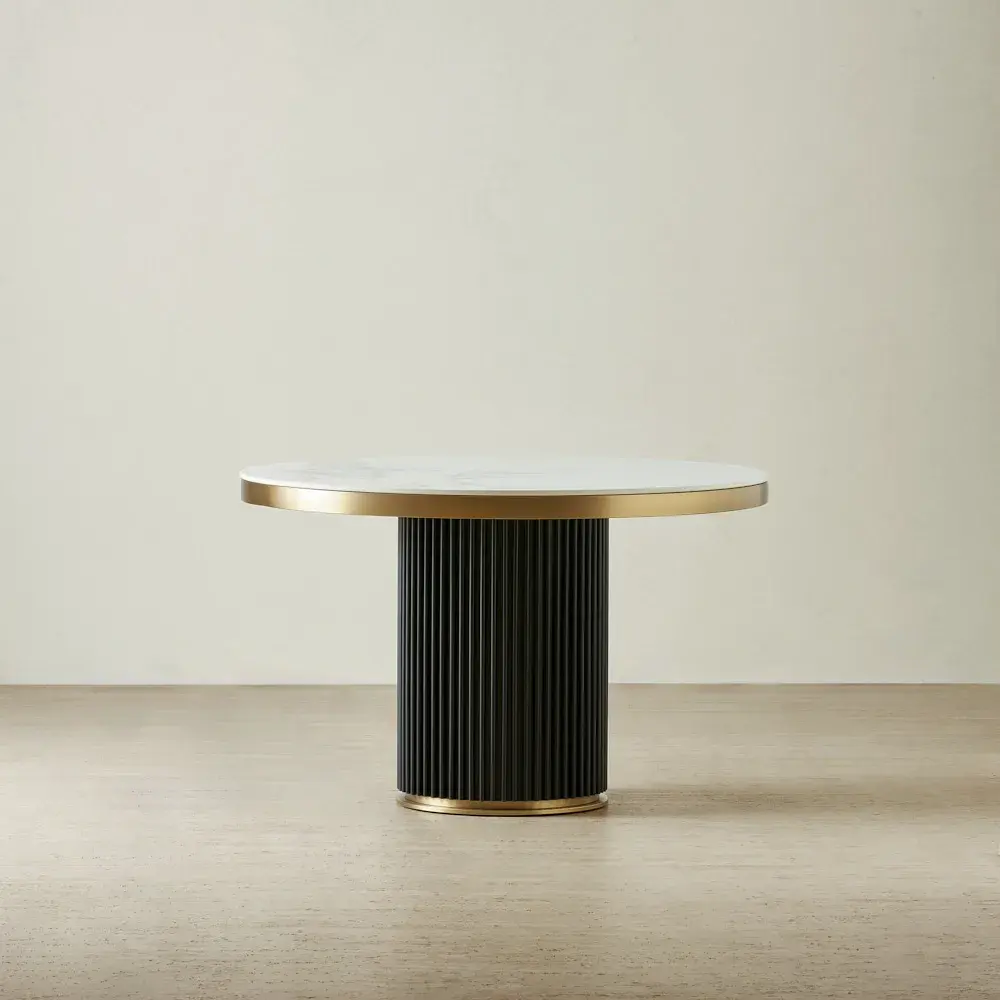 Archie Statuario White Sintered Stone Round Dining Table - Matte Black Leg 120cm
