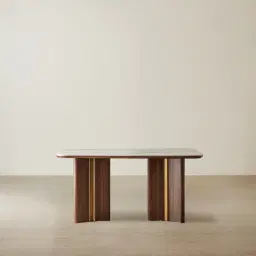 Sir Lionell II Gliding White Sintered Stone Rectangular Dining Table - Walnut Brown Wooden Legs 160x90cm