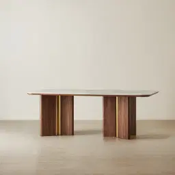 Sir Lionell II Gliding White Sintered Stone Rectangular Dining Table - Walnut Brown Wooden Legs 200x120cm