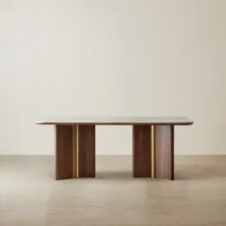 Sir Lionell II Gliding White Sintered Stone Rectangular Dining Table - Walnut Brown Wooden Legs 200x120cm