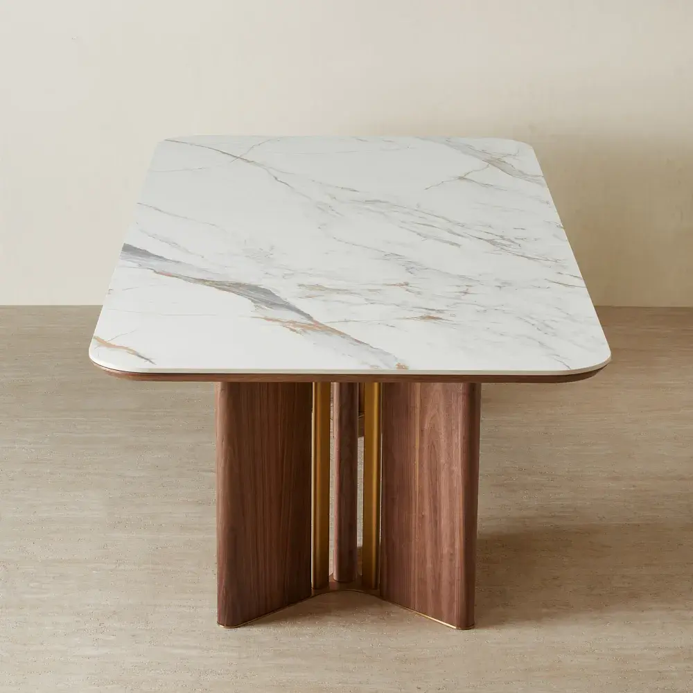 Sir Lionell II Gliding White Sintered Stone Rectangular Dining Table - Walnut Brown Wooden Legs 200x120cm