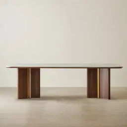 Sir Lionell II Gliding White Sintered Stone Rectangular Dining Table - Walnut Brown Wooden Legs 270x120cm