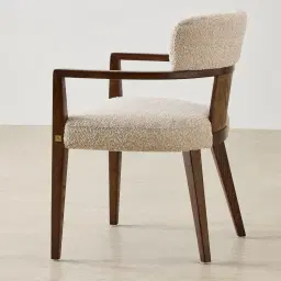 Lila Mid Beige Woven Fabric Dining Chair - Amber Brown Wooden Leg