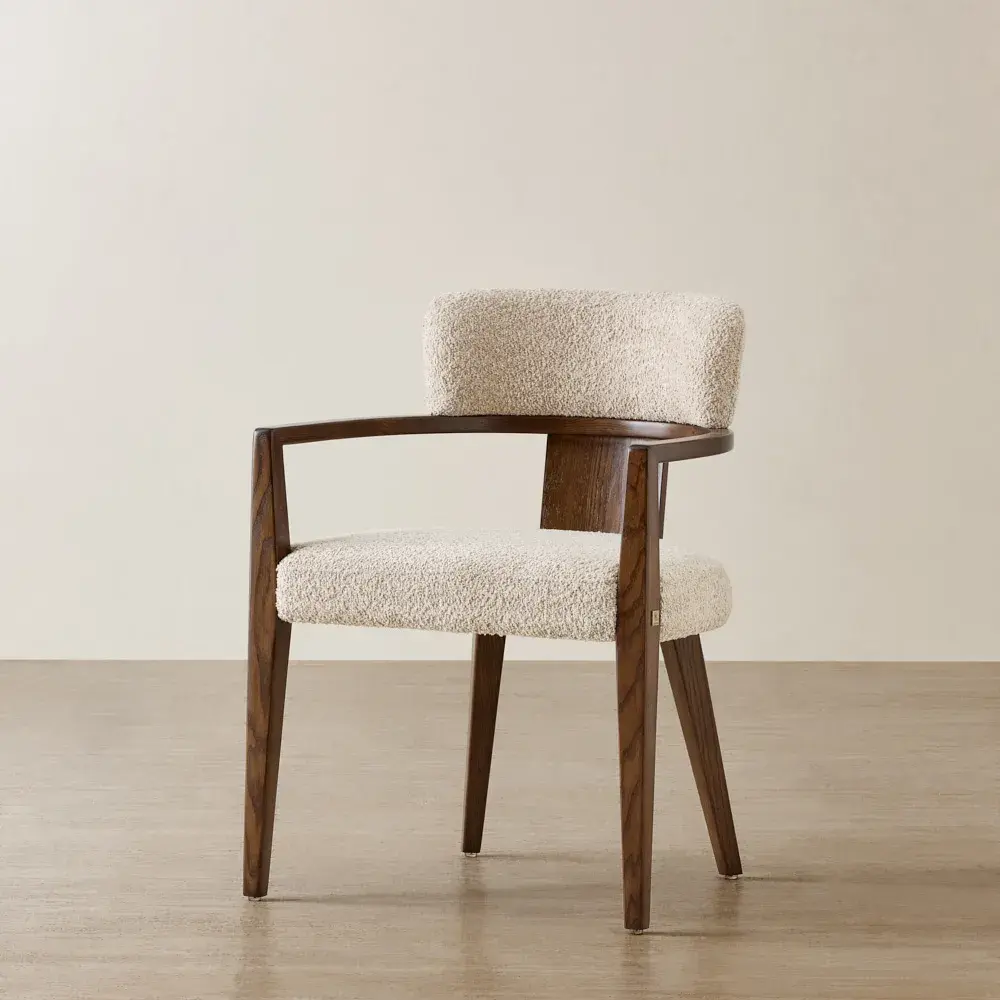 Lila Mid Beige Woven Fabric Dining Chair - Amber Brown Wooden Leg