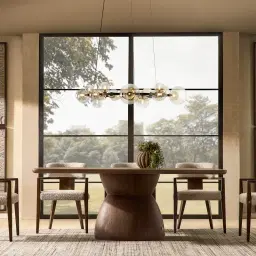 Lila Mid Beige Woven Fabric Dining Chair - Amber Brown Wooden Leg