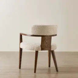 Lila Mid Beige Woven Fabric Dining Chair - Amber Brown Wooden Leg