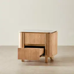 Portobello II Light Brown Ash Veneer Bedside Table - Pandora Brown Sintered Stone Top