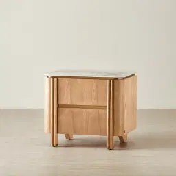 Portobello II Light Brown Ash Veneer Bedside Table - Pandora Brown Sintered Stone Top