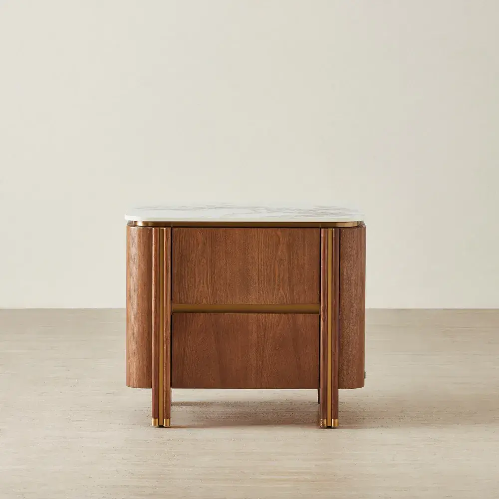 Portobello II Toffee Brown Ash Veneer Bedside Table - Pandora Brown Sintered Stone Top