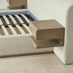 Riviera Isabelline White Fabric Queen Bed with Medium Brown Ash Veneer