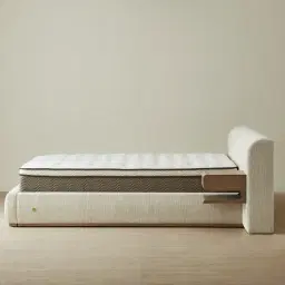 Riviera Isabelline White Fabric Queen Bed with Medium Brown Ash Veneer