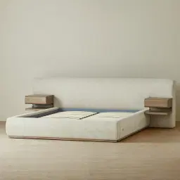 Riviera Isabelline White Fabric Queen Bed with Medium Brown Ash Veneer