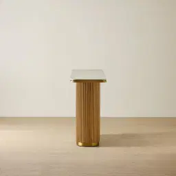 San Pierre Light Brown Ash Veneer Single Leg Console Table with Travertine Finish Sintered Stone Top