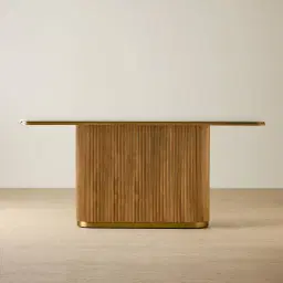 San Pierre Light Brown Ash Veneer Single Leg Console Table with Travertine Finish Sintered Stone Top