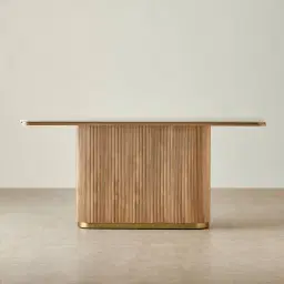 San Pierre Light Brown Ash Veneer Single Leg Console Table with Travertine Finish Sintered Stone Top