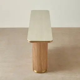 San Pierre Light Brown Ash Veneer Single Leg Console Table with Travertine Finish Sintered Stone Top