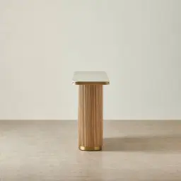 San Pierre Light Brown Ash Veneer Single Leg Console Table with Travertine Finish Sintered Stone Top