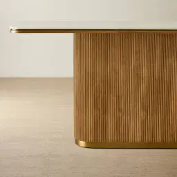 San Pierre Light Brown Ash Veneer Single Leg Console Table with Travertine Finish Sintered Stone Top