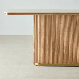 San Pierre Light Brown Ash Veneer Single Leg Console Table with Travertine Finish Sintered Stone Top