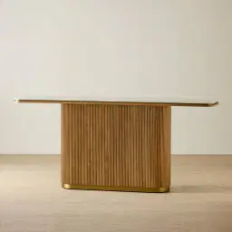 San Pierre Light Brown Ash Veneer Single Leg Console Table with Travertine Finish Sintered Stone Top