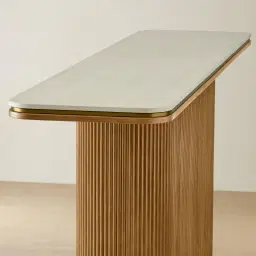 San Pierre Light Brown Ash Veneer Single Leg Console Table with Travertine Finish Sintered Stone Top