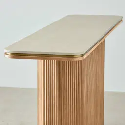 San Pierre Light Brown Ash Veneer Single Leg Console Table with Travertine Finish Sintered Stone Top