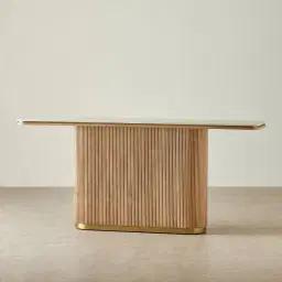 San Pierre Light Brown Ash Veneer Single Leg Console Table with Travertine Finish Sintered Stone Top