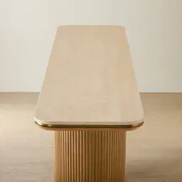 San Pierre Light Brown Ash Veneer Two-Leg Console Table with Travertine Finish Sintered Stone Top
