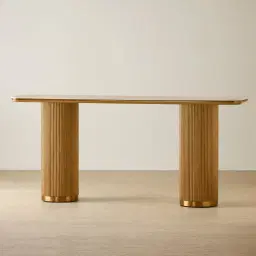 San Pierre Light Brown Ash Veneer Two-Leg Console Table with Travertine Finish Sintered Stone Top