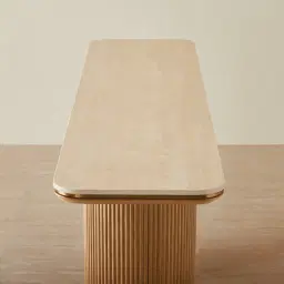 San Pierre Light Brown Ash Veneer Two-Leg Console Table with Travertine Finish Sintered Stone Top