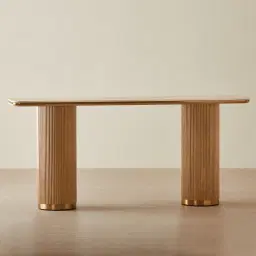 San Pierre Light Brown Ash Veneer Two-Leg Console Table with Travertine Finish Sintered Stone Top