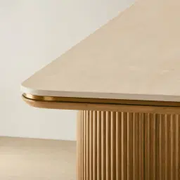 San Pierre Light Brown Ash Veneer Two-Leg Console Table with Travertine Finish Sintered Stone Top