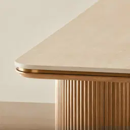 San Pierre Light Brown Ash Veneer Two-Leg Console Table with Travertine Finish Sintered Stone Top