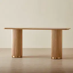 San Pierre Light Brown Ash Veneer Two-Leg Console Table with Travertine Finish Sintered Stone Top