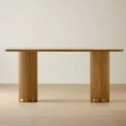 San Pierre Light Brown Ash Veneer Two-Leg Console Table with Travertine Finish Sintered Stone Top