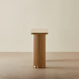 San Pierre Light Brown Ash Veneer Two-Leg Console Table with Travertine Finish Sintered Stone Top