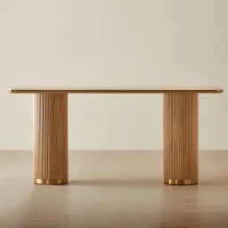 San Pierre Light Brown Ash Veneer Two-Leg Console Table with Travertine Finish Sintered Stone Top