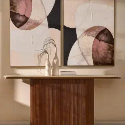 San Pierre Walnut Veneer Single Leg Console Table with Travertine Finish Sintered Stone Top