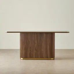 San Pierre Walnut Veneer Single Leg Console Table with Travertine Finish Sintered Stone Top