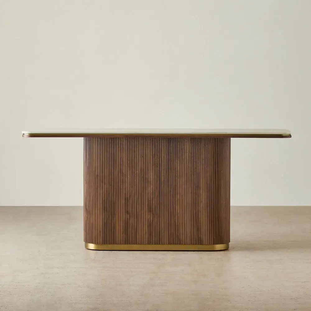 San Pierre Walnut Veneer Console Table - Single Leg - Travertine Finish Sintered Stone Top