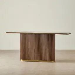 San Pierre Walnut Veneer Single Leg Console Table with Travertine Finish Sintered Stone Top