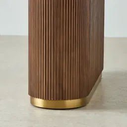 San Pierre Walnut Veneer Single Leg Console Table with Travertine Finish Sintered Stone Top