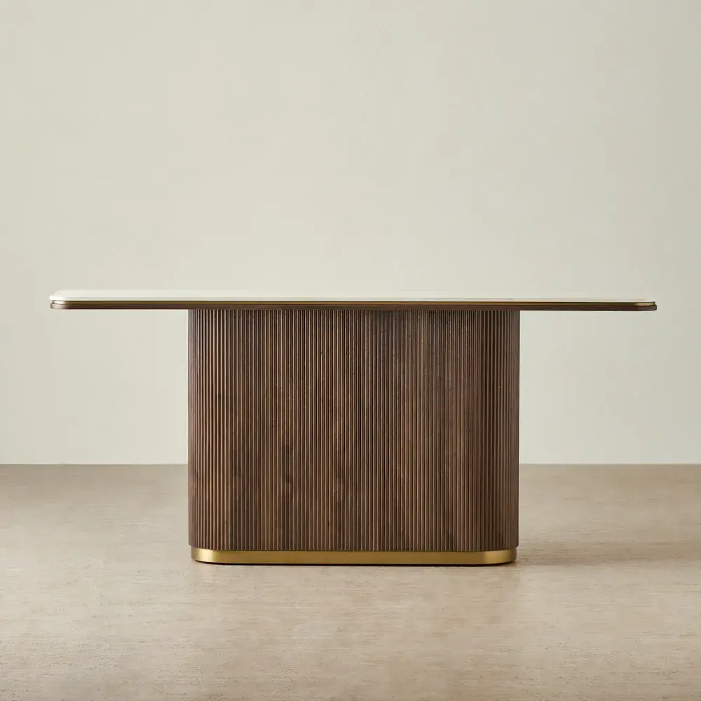 San Pierre Ebony Brown Ash Veneer Console Table - Single Leg - Travertine Finish Sintered Stone Top