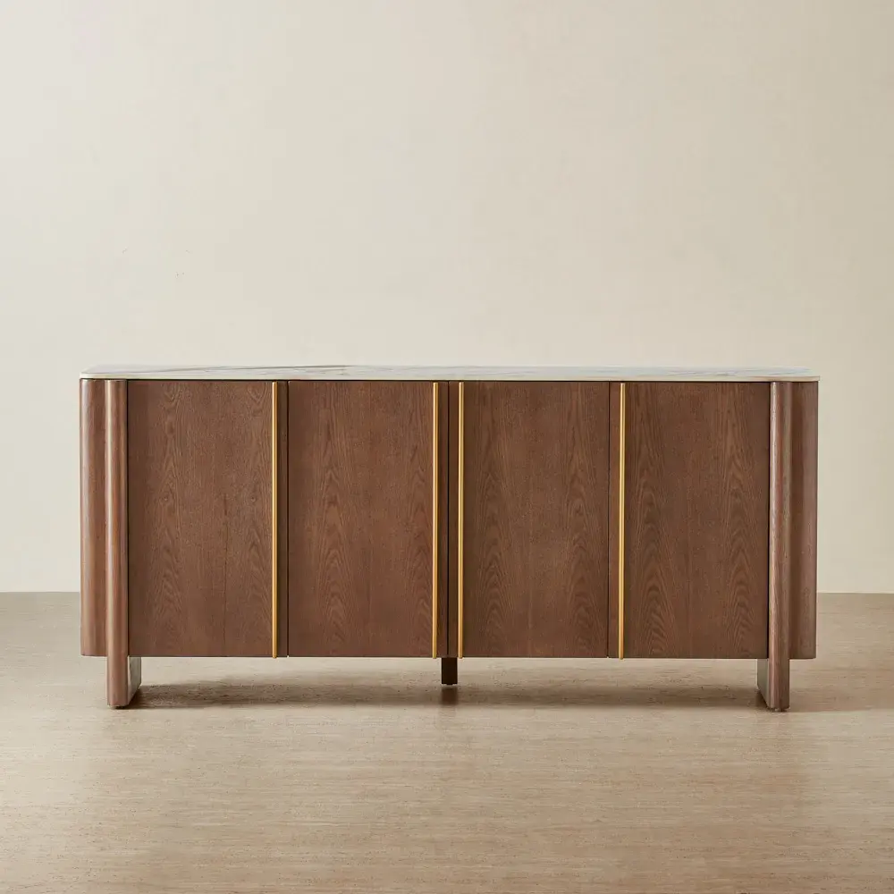 Sir Lionell Gliding White Sintered Stone Sideboard - Walnut Brown Wooden Legs