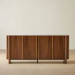 Sir Lionell Gliding White Sintered Stone Sideboard - Walnut Brown Wooden Legs