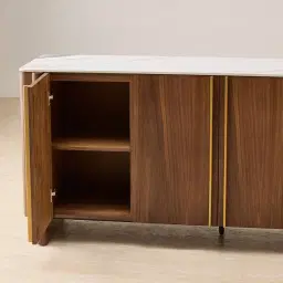 Sir Lionell Gliding White Sintered Stone Sideboard - Walnut Brown Wooden Legs